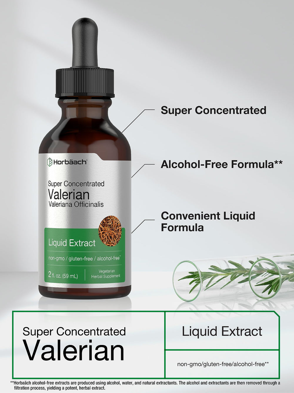 Horbaach Valerian Root Drops dropper highlights precise dosage for calm evenings.