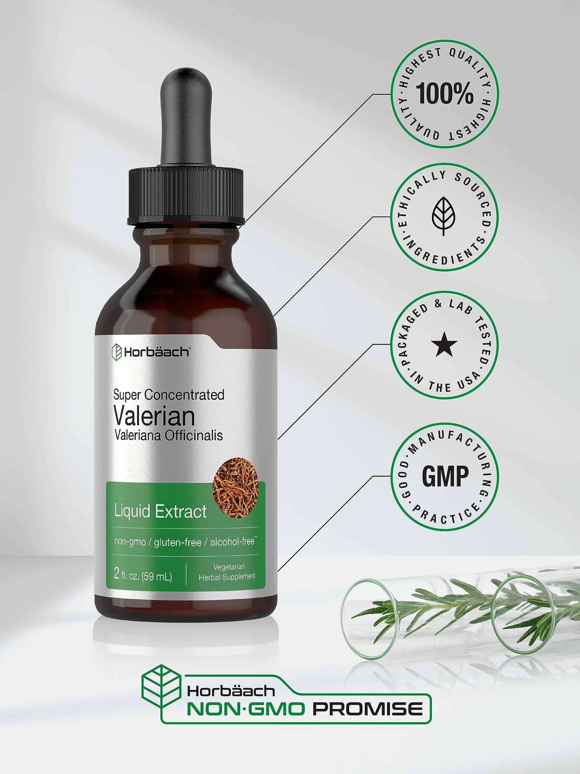 Horbaach Valerian Root Drops glass with drops supports a restful bedtime.