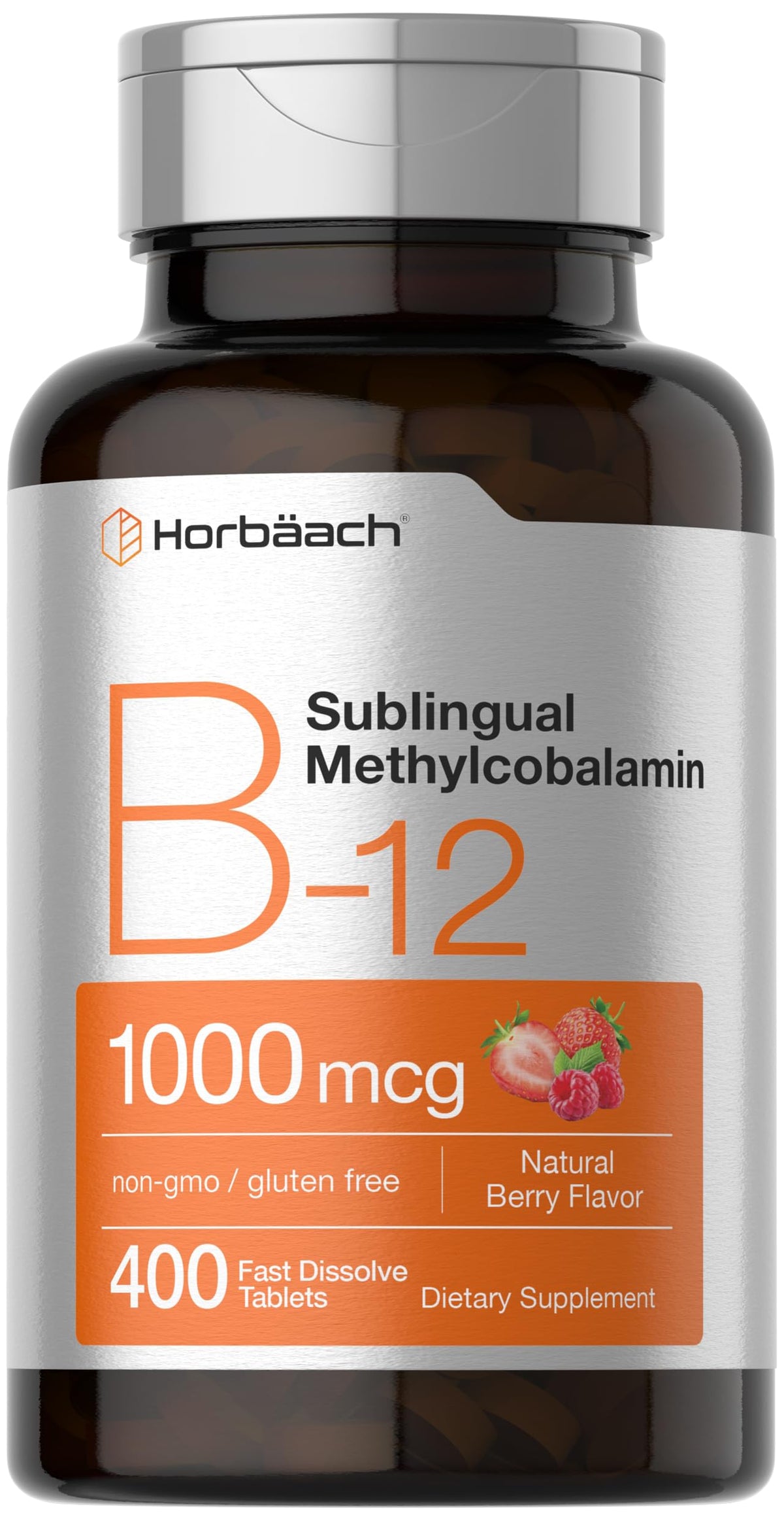 Horbaach Vitamin B12 berry bottle close-up shows quick sublingual intake.