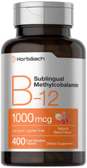 Horbaach Vitamin B12 berry bottle close-up shows quick sublingual intake.