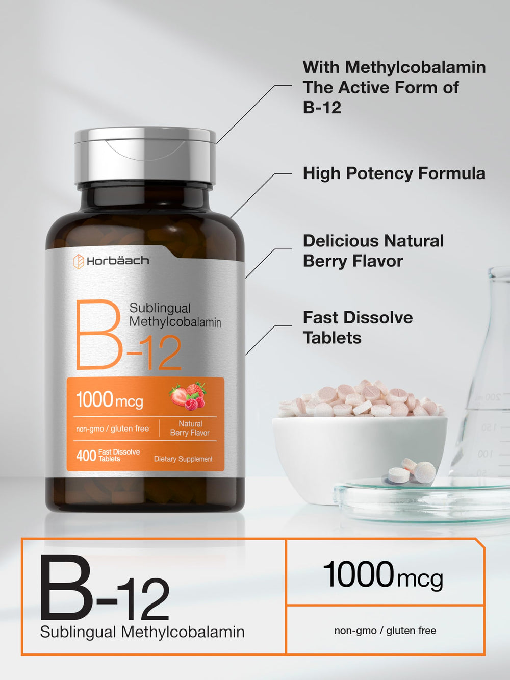 Horbaach Vitamin B12 packaging box highlights purity and quality.