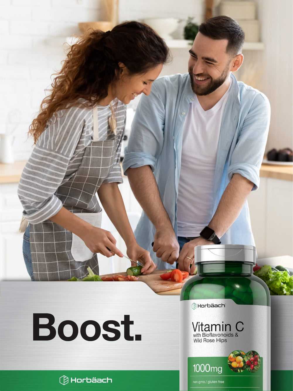 Horbäach Vitamin C packaging shows 250 capsules for extended use.