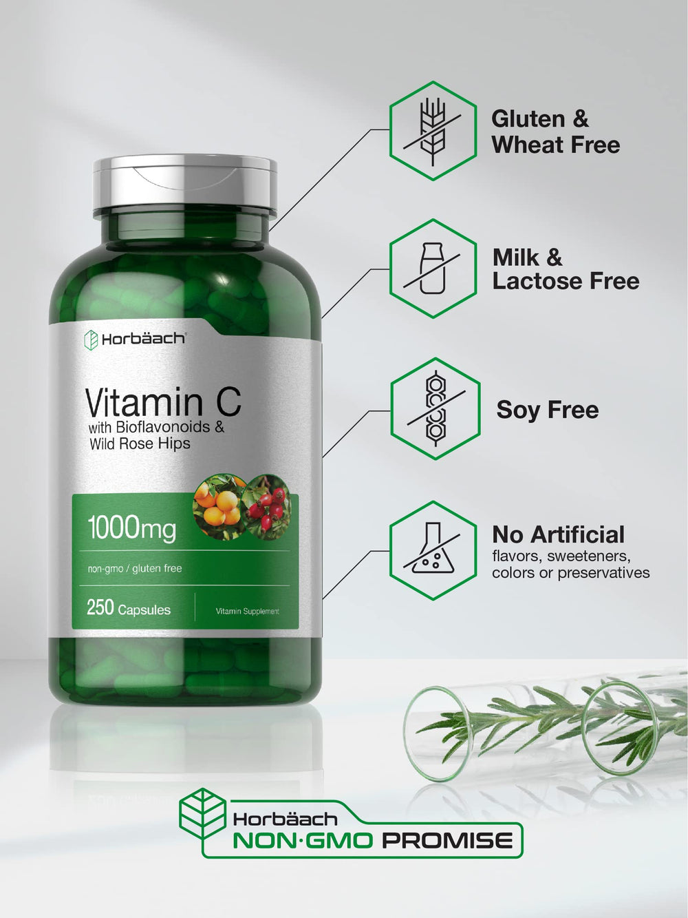 Horbäach Vitamin C bottle side view highlights gluten-free and non-GMO formula.