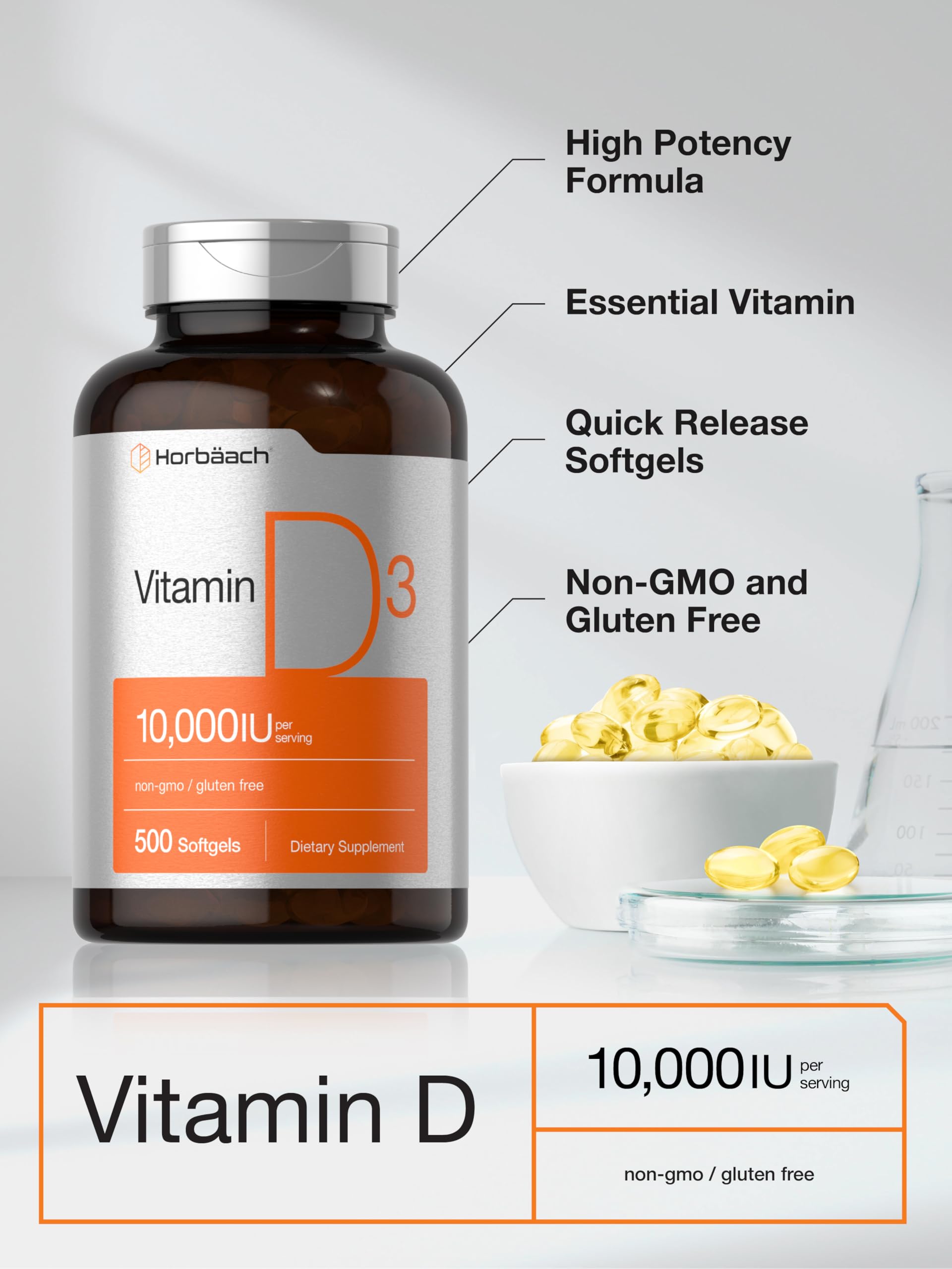 Horbäach Vitamin D3 gluten-free formula in a convenient bottle.