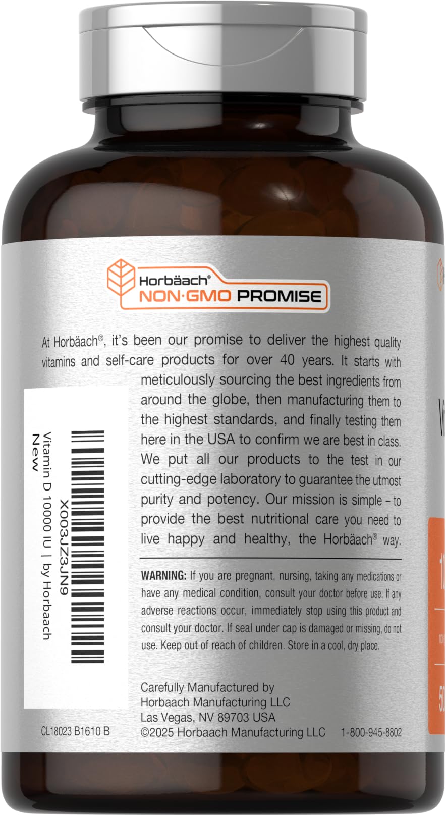 Horbäach Vitamin D3 lab-tested ingredients badge on label.
