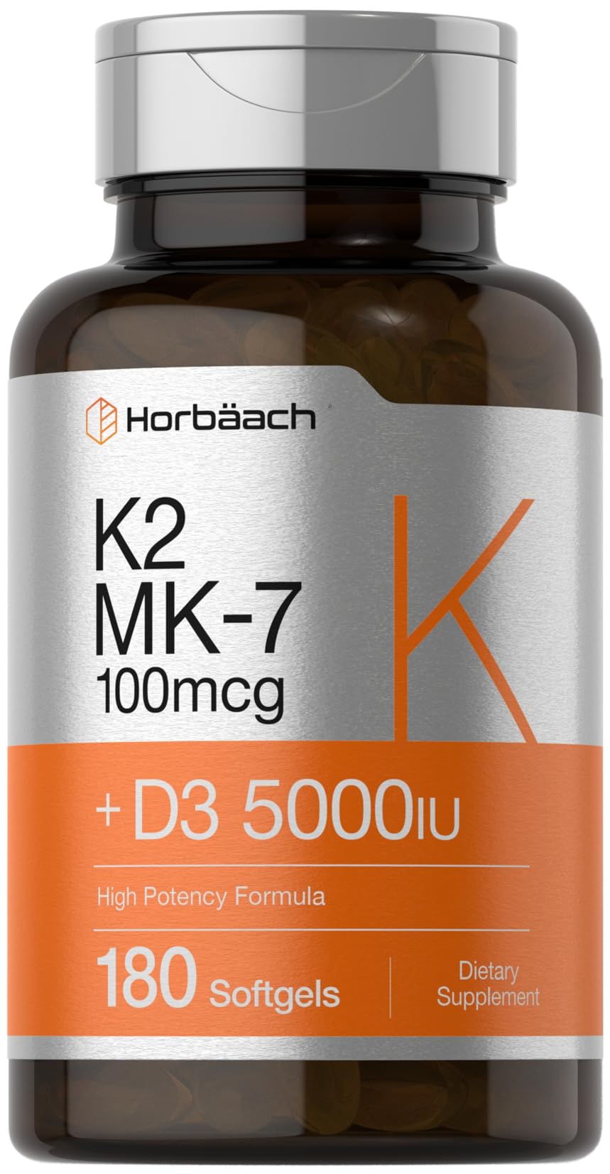 Horbäach Vitamin D3 K2 softgel bottle for daily wellness support.