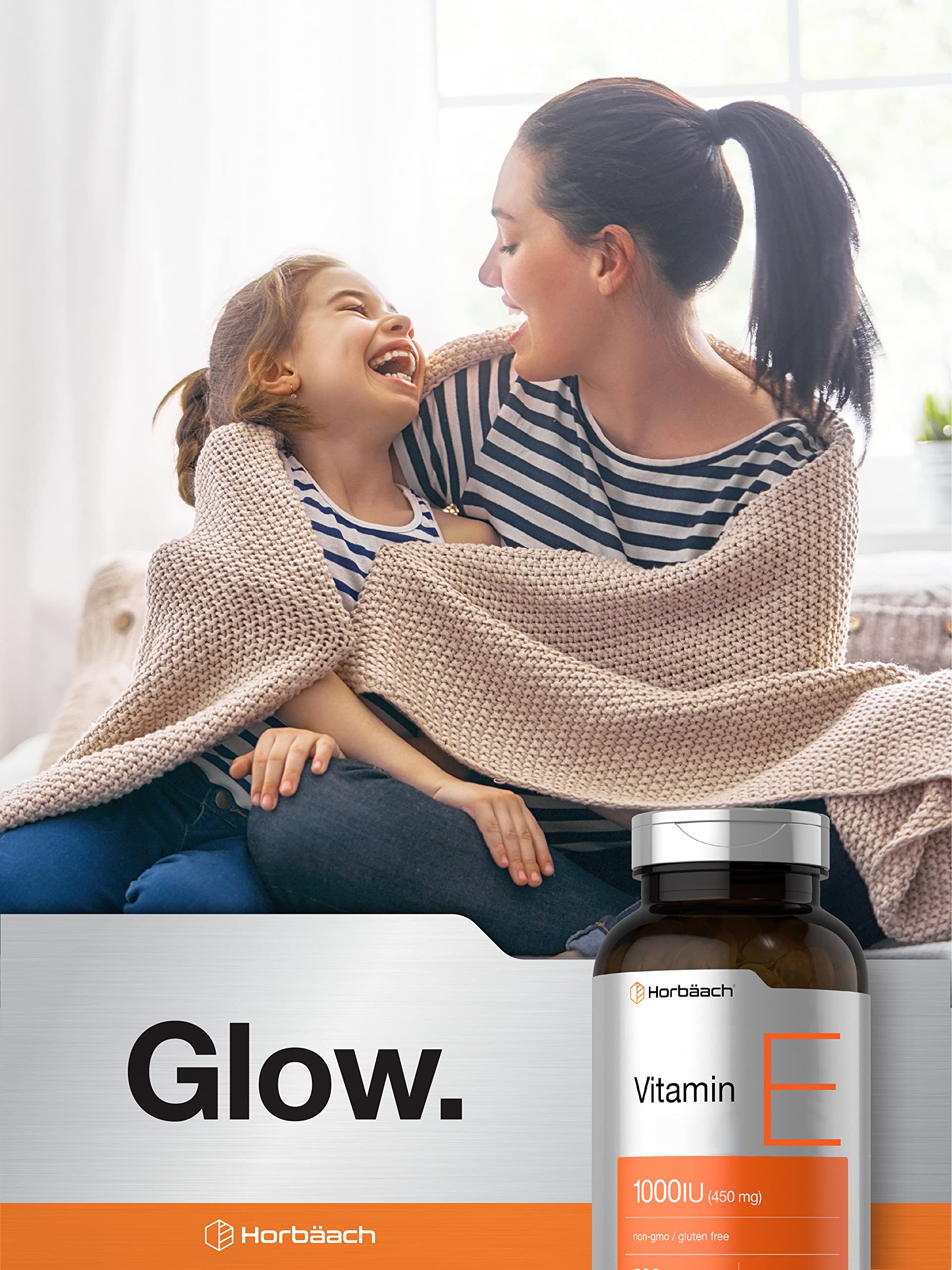 Horbāach Vitamin E 1000 IU capsules closeup conveys quality and potency.