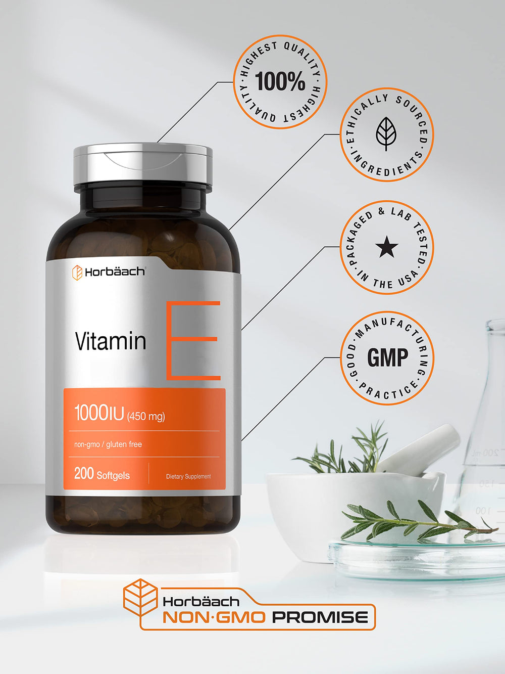 Horbāach Vitamin E 1000 IU preservative-free seal signals purity.