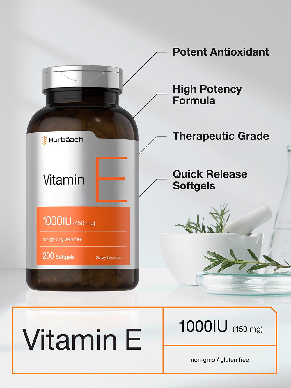 Horbāach Vitamin E 1000 IU softgel label communicates purity and potency.