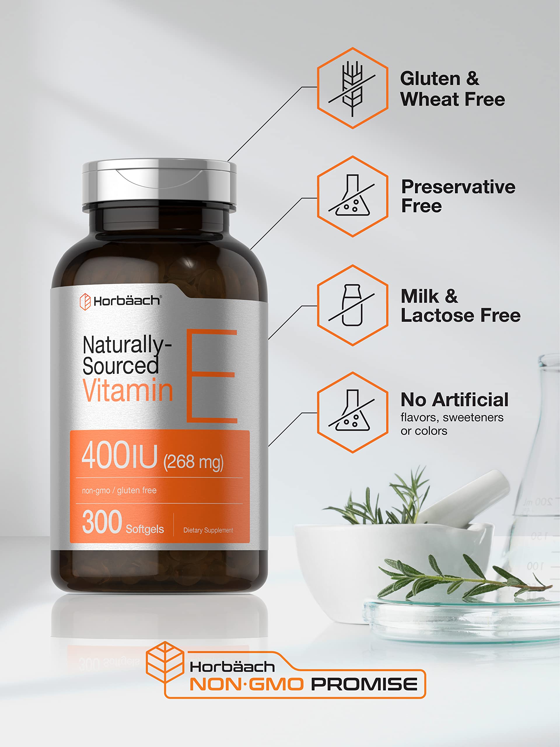Horbäach Vitamin E label closeup showing D-Alpha Tocopherol.