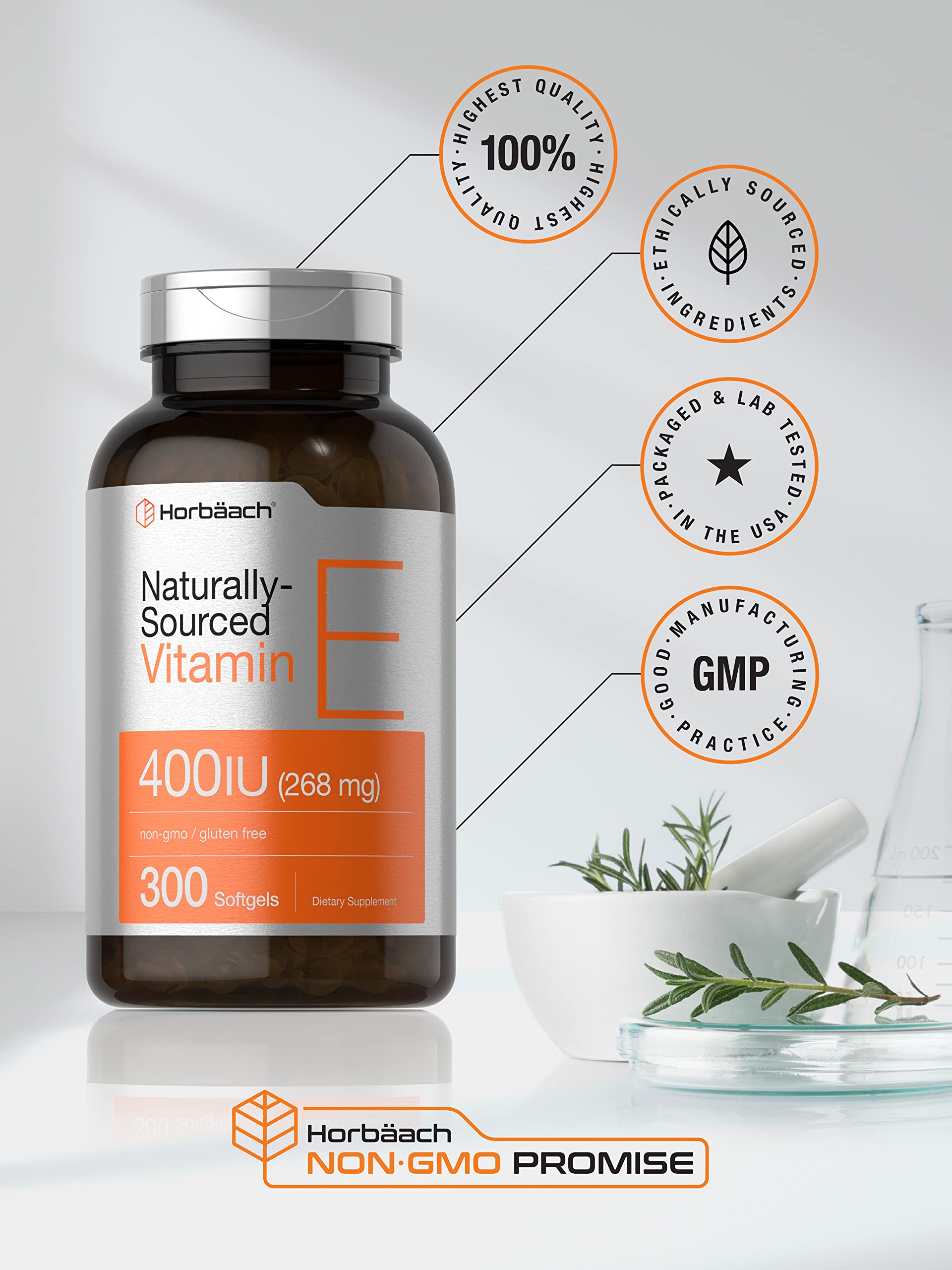 Horbäach Vitamin E with non-GMO and gluten-free seal.