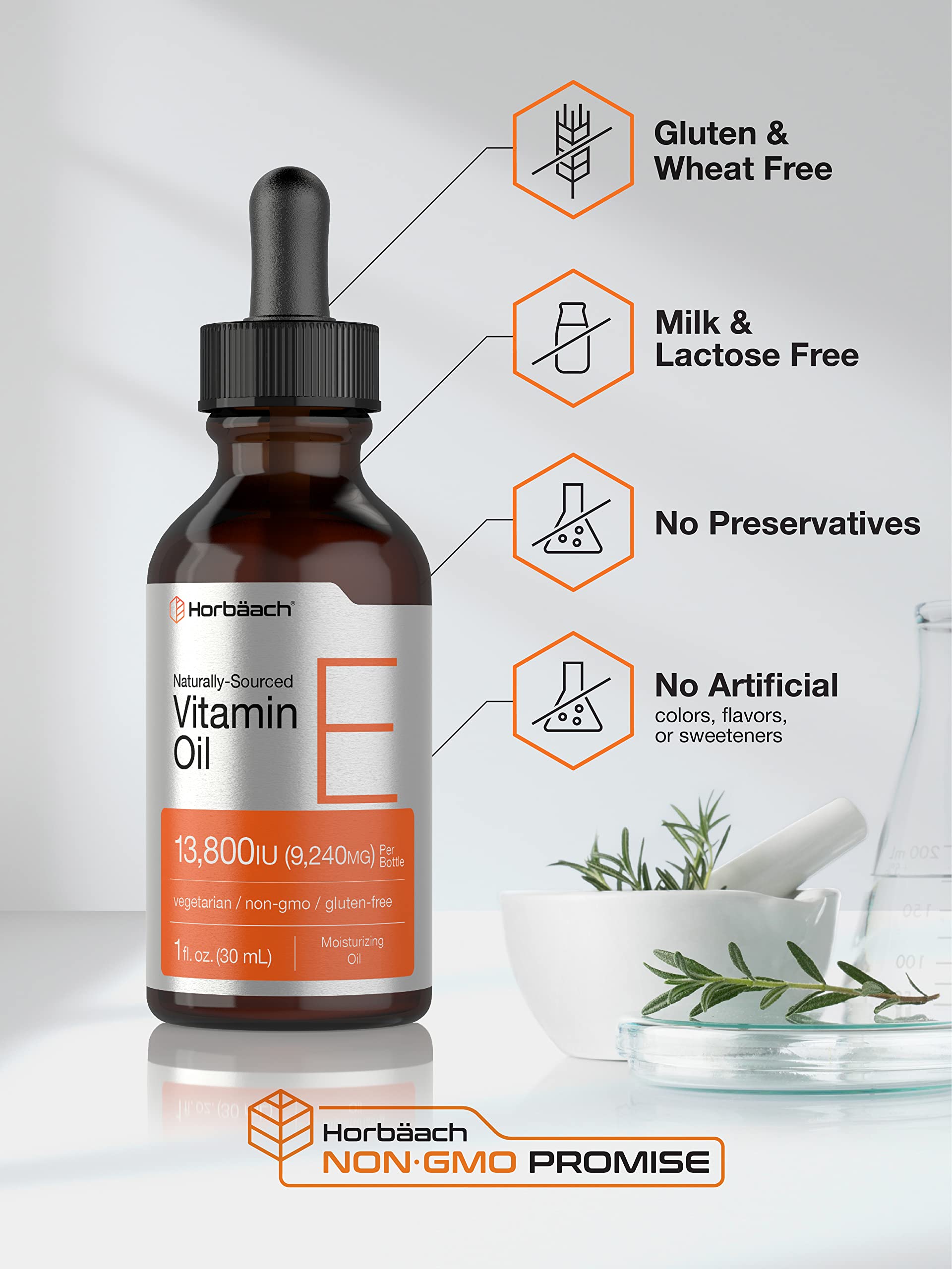 Horbäach Vitamin E Oil box communicates 13,800 IU potency and purity