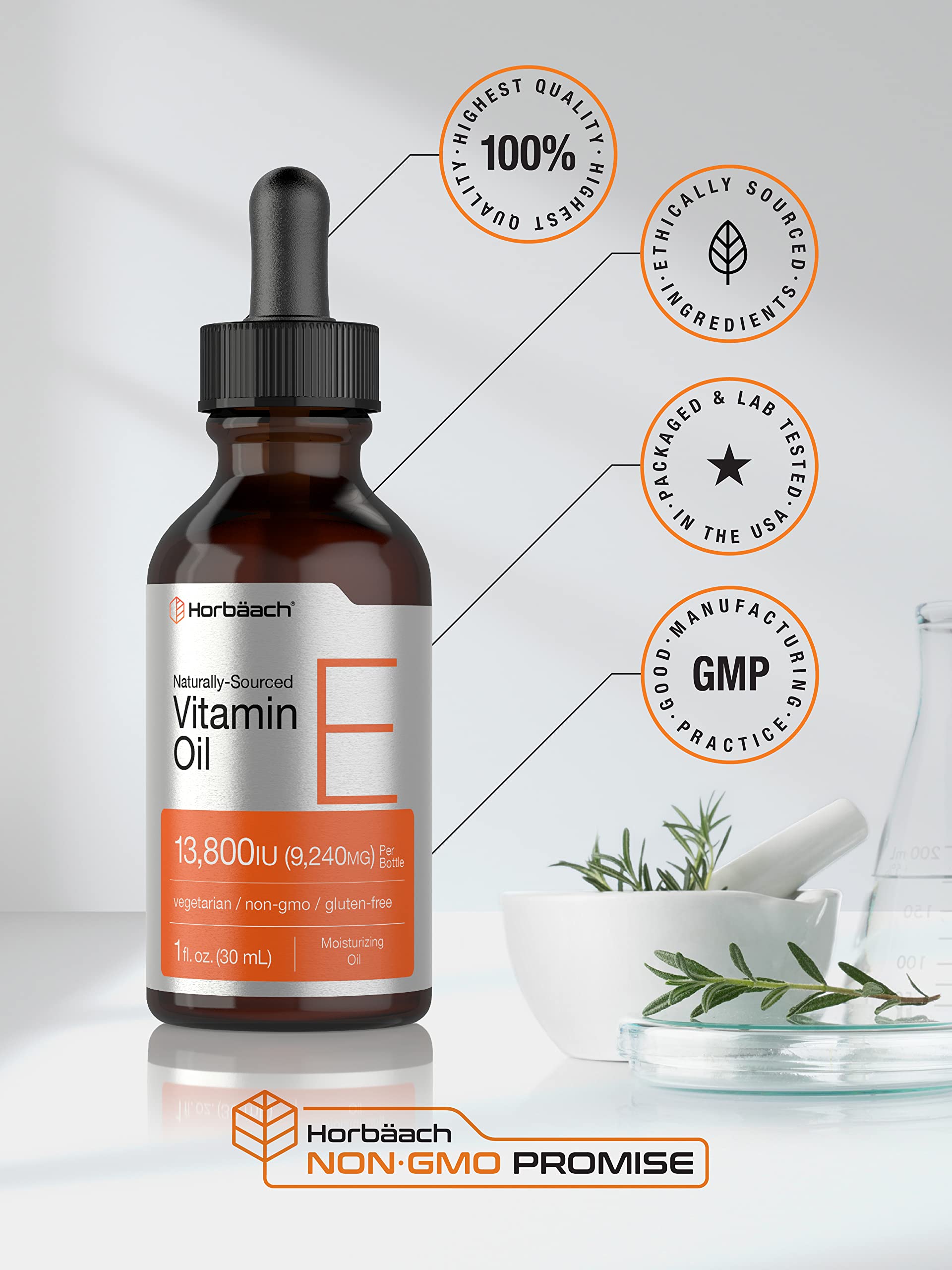 Horbäach Vitamin E Oil glass bottle close-up emphasizes premium packaging