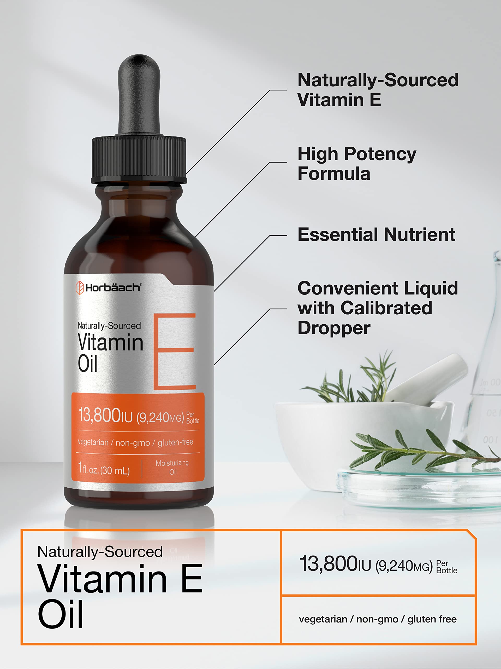 Horbäach Vitamin E Oil label highlights gluten-free and non-GMO vegetarian formula