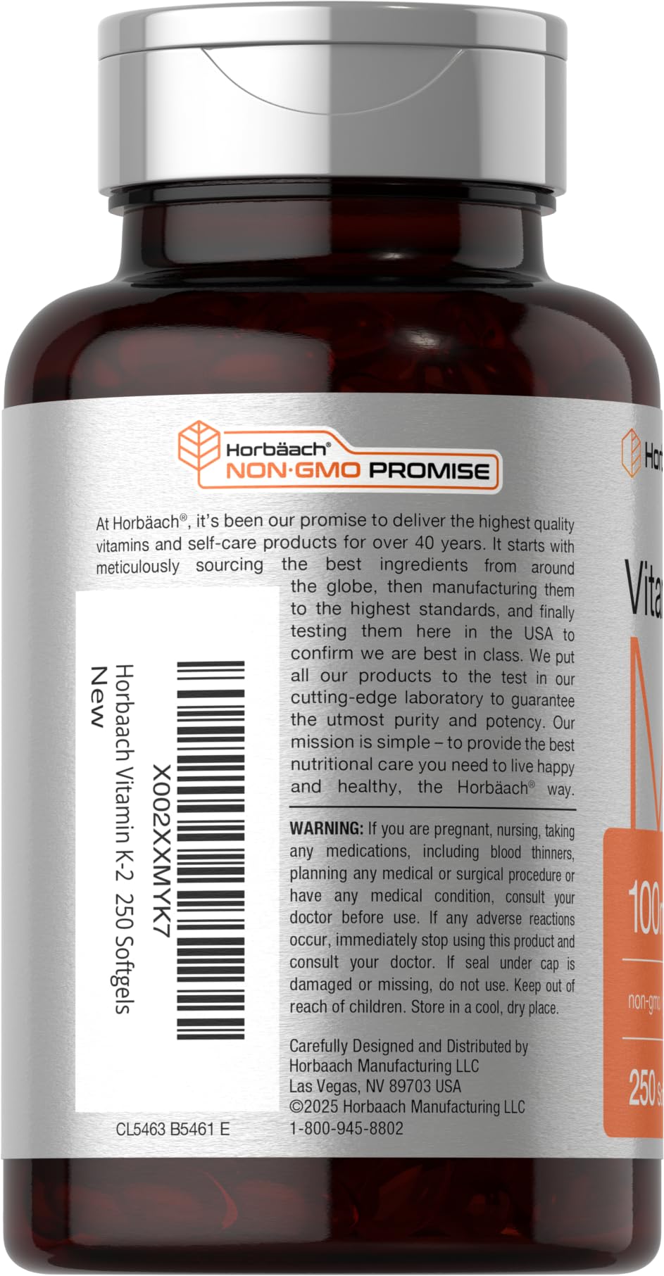 Horbäach Vitamin K2 MK7 250 softgels packaging for long-term use.