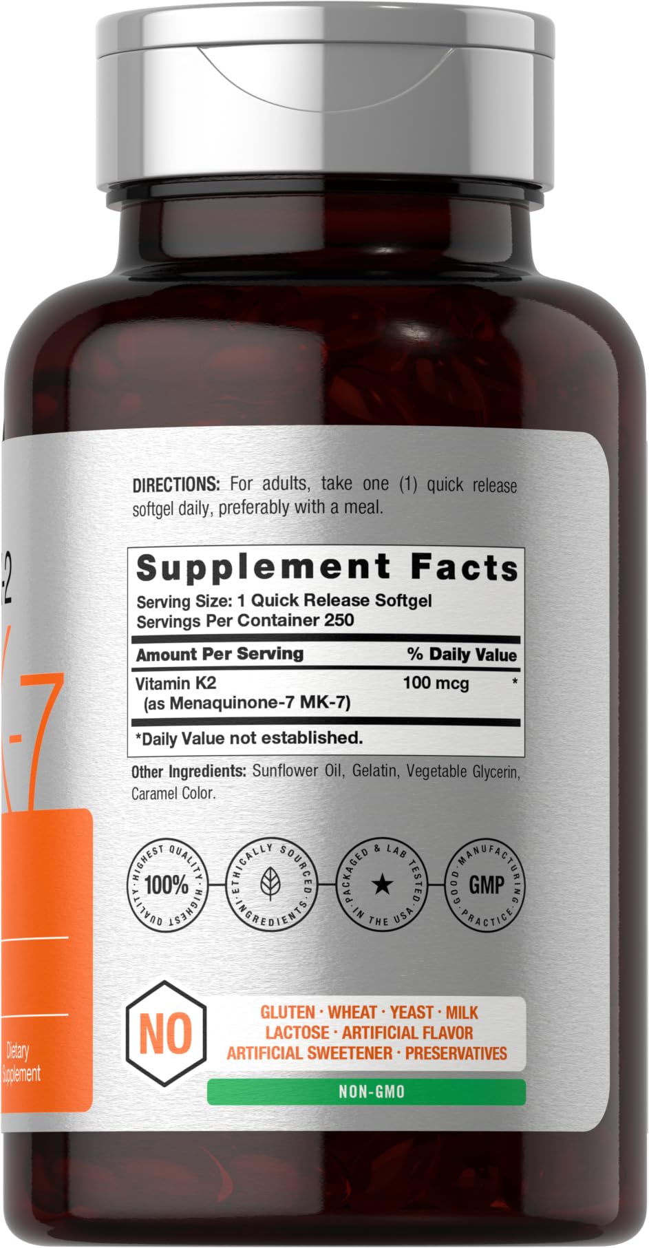 Horbäach Vitamin K2 MK7 softgels closeup showing quick-release formula.
