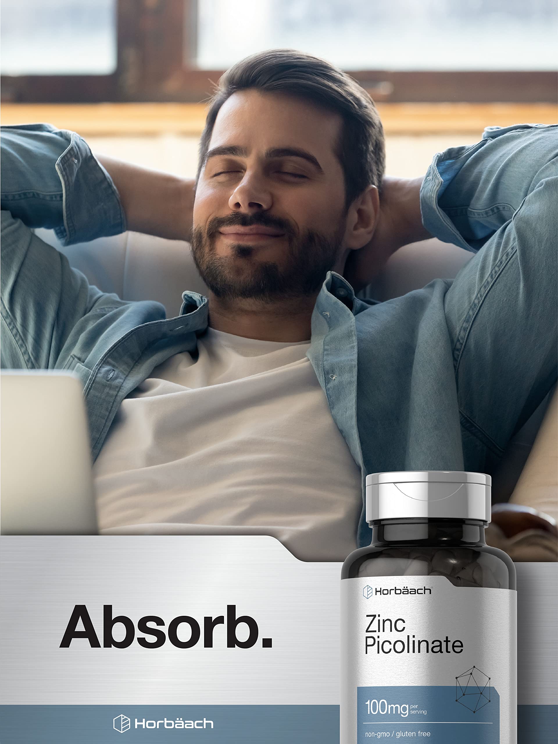 Glass of water beside Horbaach Zinc Picolinate for easy swallowing.