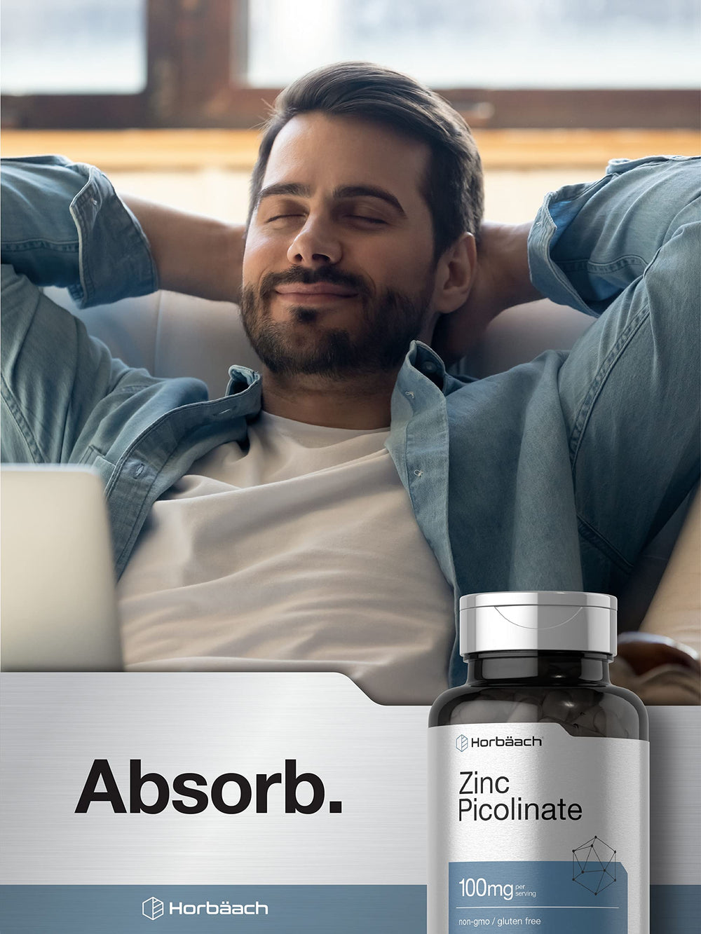 Glass of water beside Horbaach Zinc Picolinate for easy swallowing.