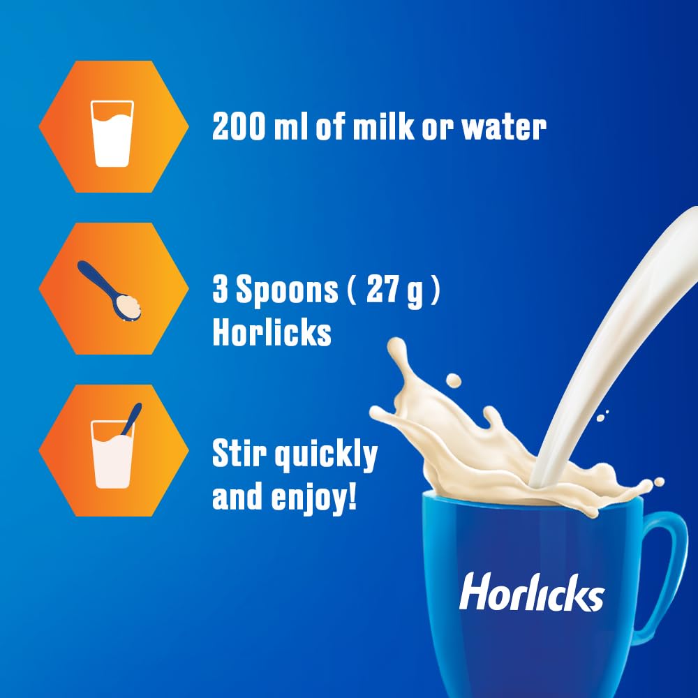 Horlicks Classic Malt being stirred into hot milk for a comforting drink.