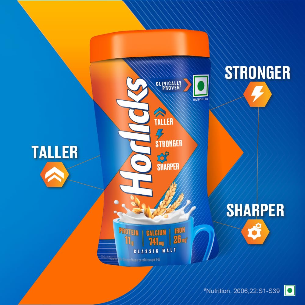 Horlicks Classic Malt jar with serving cup beside it for quick portions.