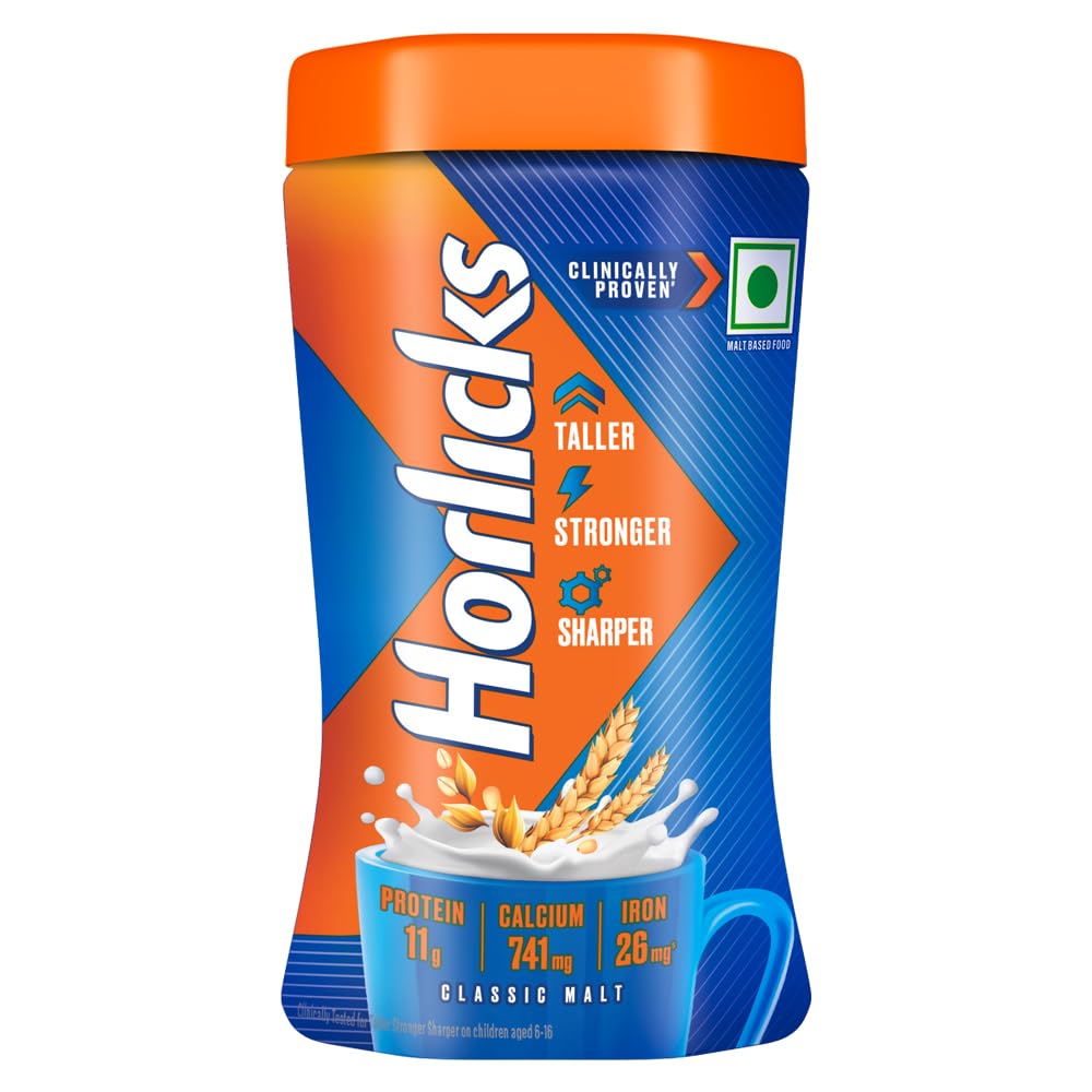 Horlicks Classic Malt powder jar sits on the kitchen counter for easy daily nourishment.