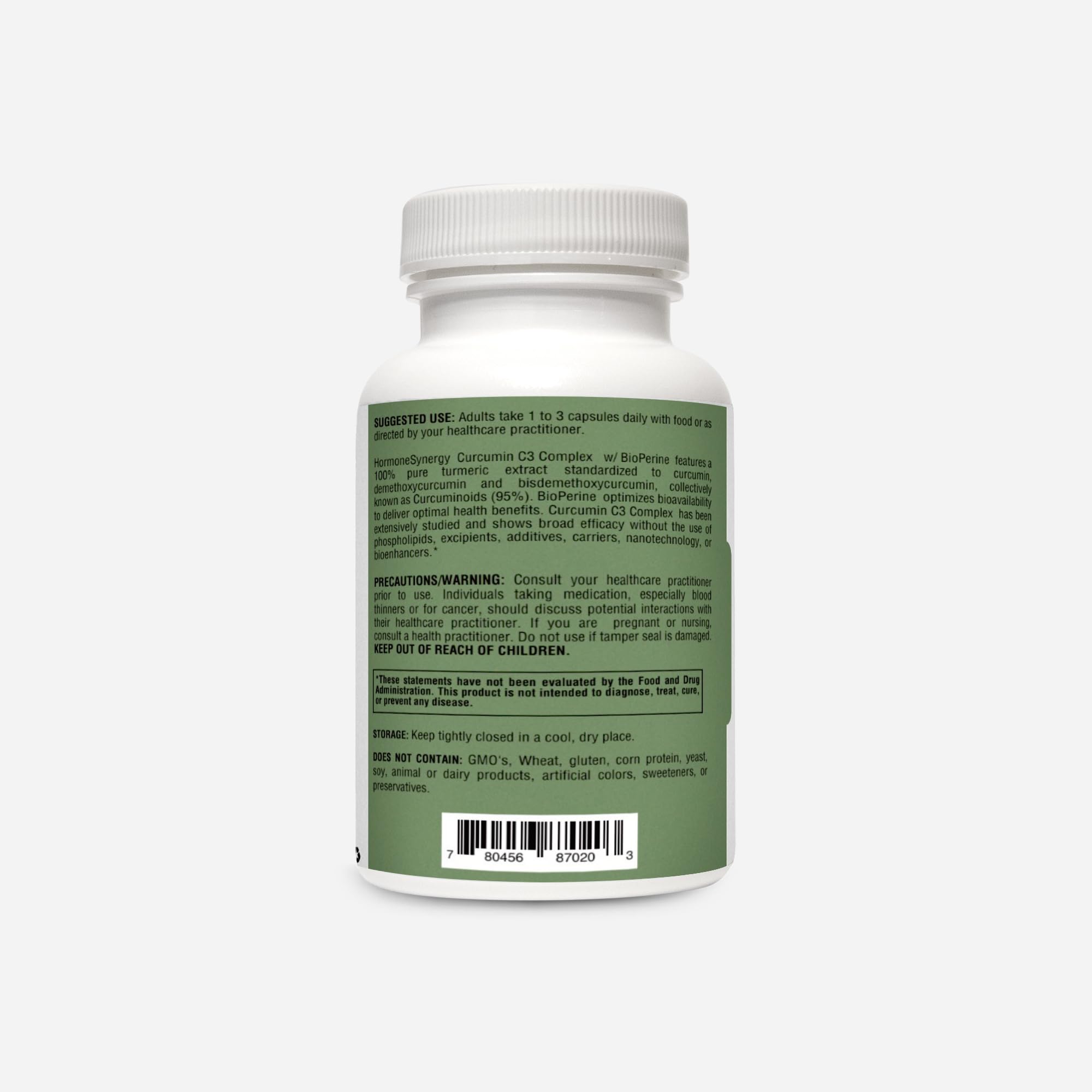 HormoneSynergy Curcumin C3 Complex bottle side view shows capsule strength and Bioperine