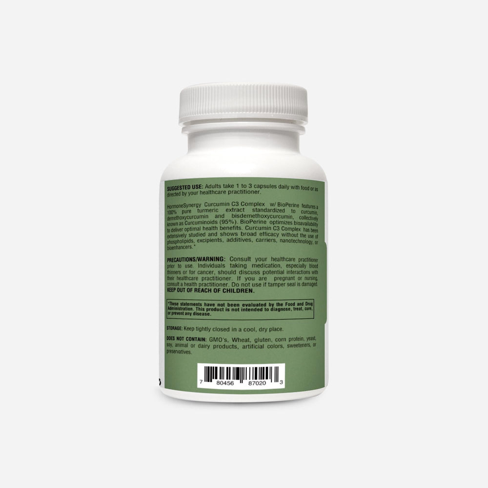 HormoneSynergy Curcumin C3 Complex bottle side view shows capsule strength and Bioperine