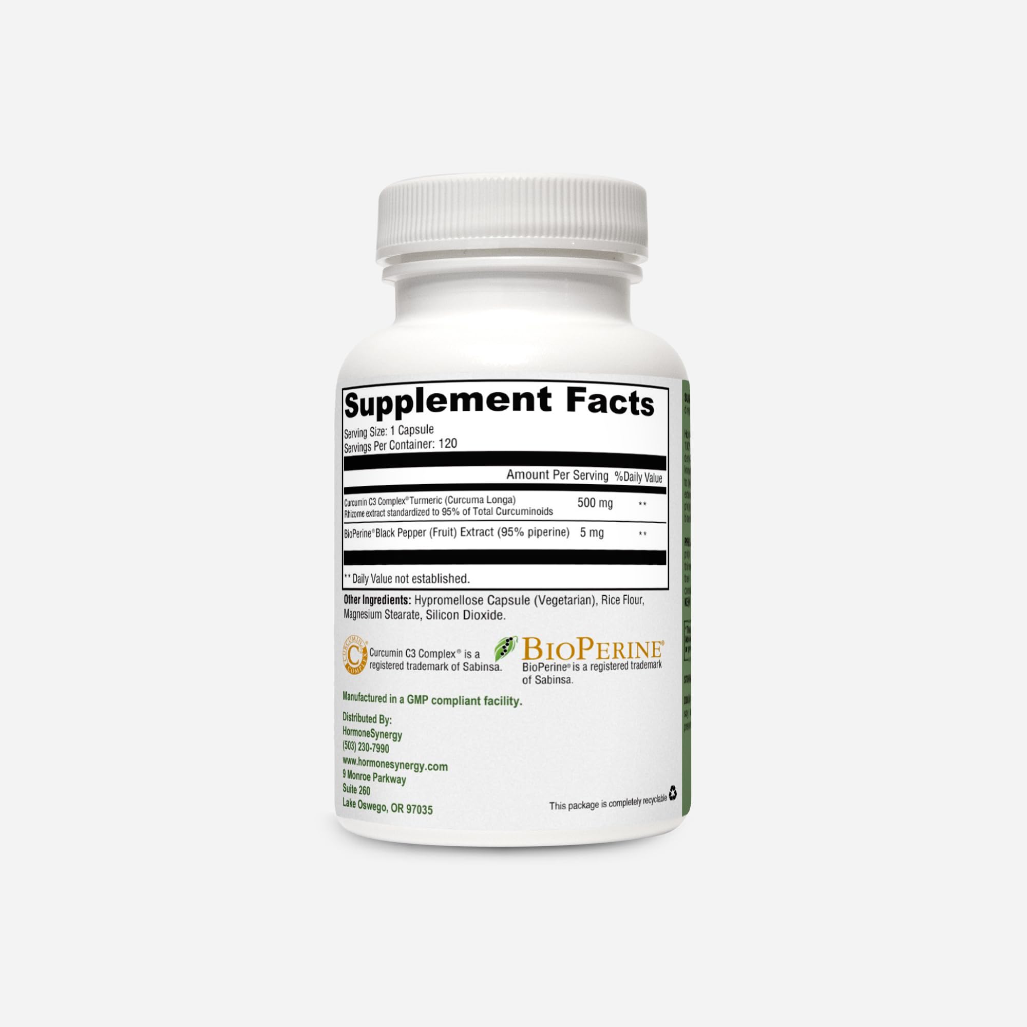 HormoneSynergy Curcumin C3 Complex label closeup emphasizes curcuminoids and NSF certification