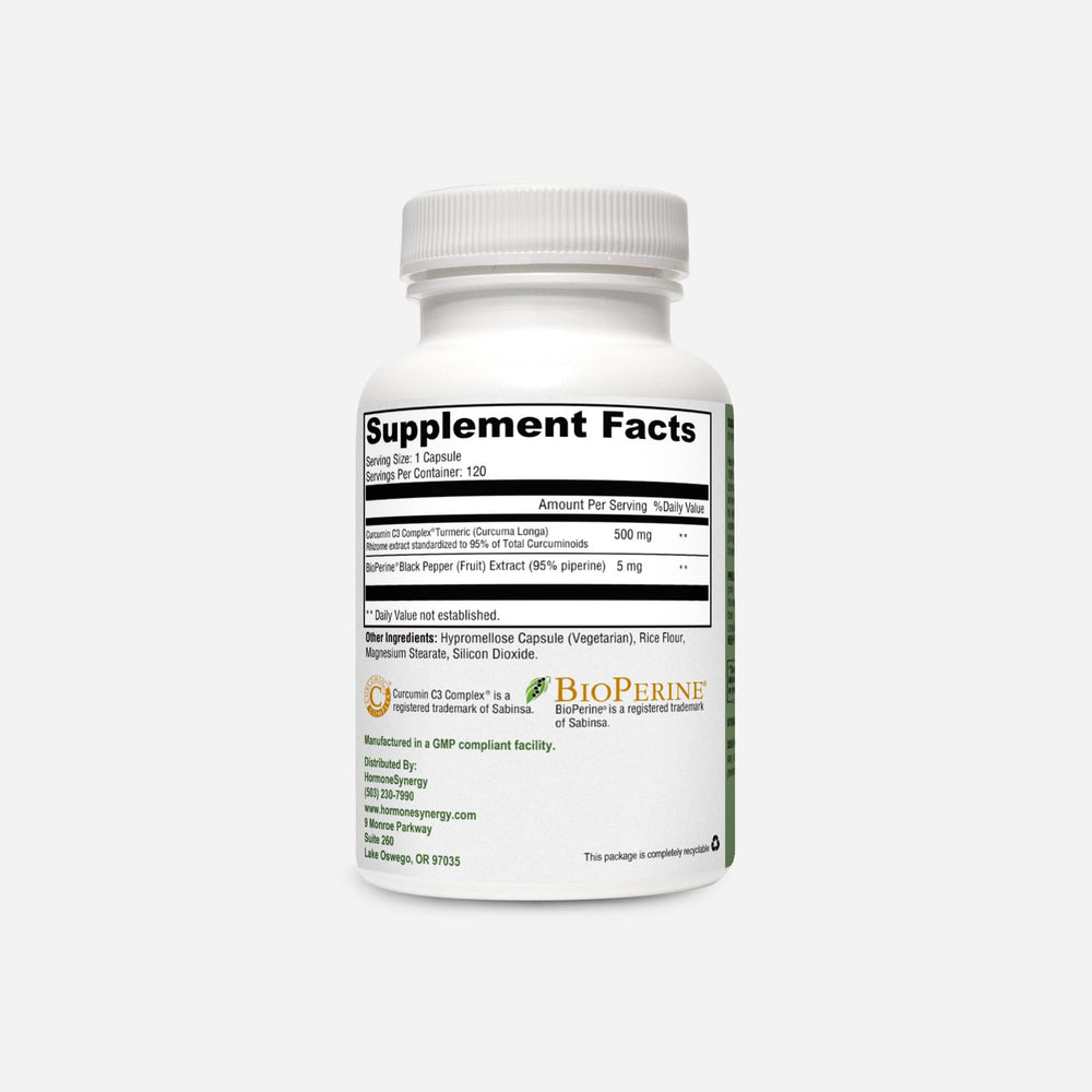 HormoneSynergy Curcumin C3 Complex label closeup emphasizes curcuminoids and NSF certification