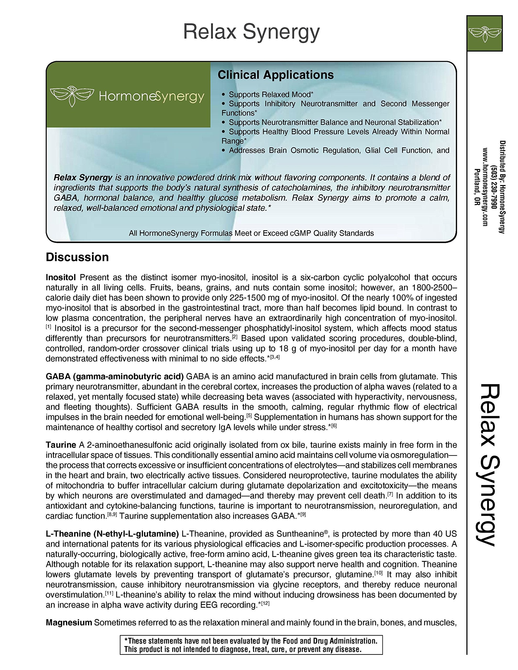 HormoneSynergy Relax Synergy showcasing GABA, taurine, and L-theanine for mood balance.