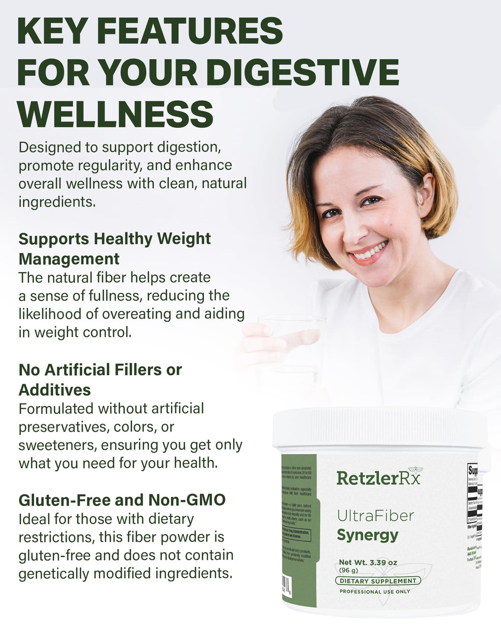 Close-up of HormoneSynergy Ultra Fiber Lean powder label highlighting gluten-free status.