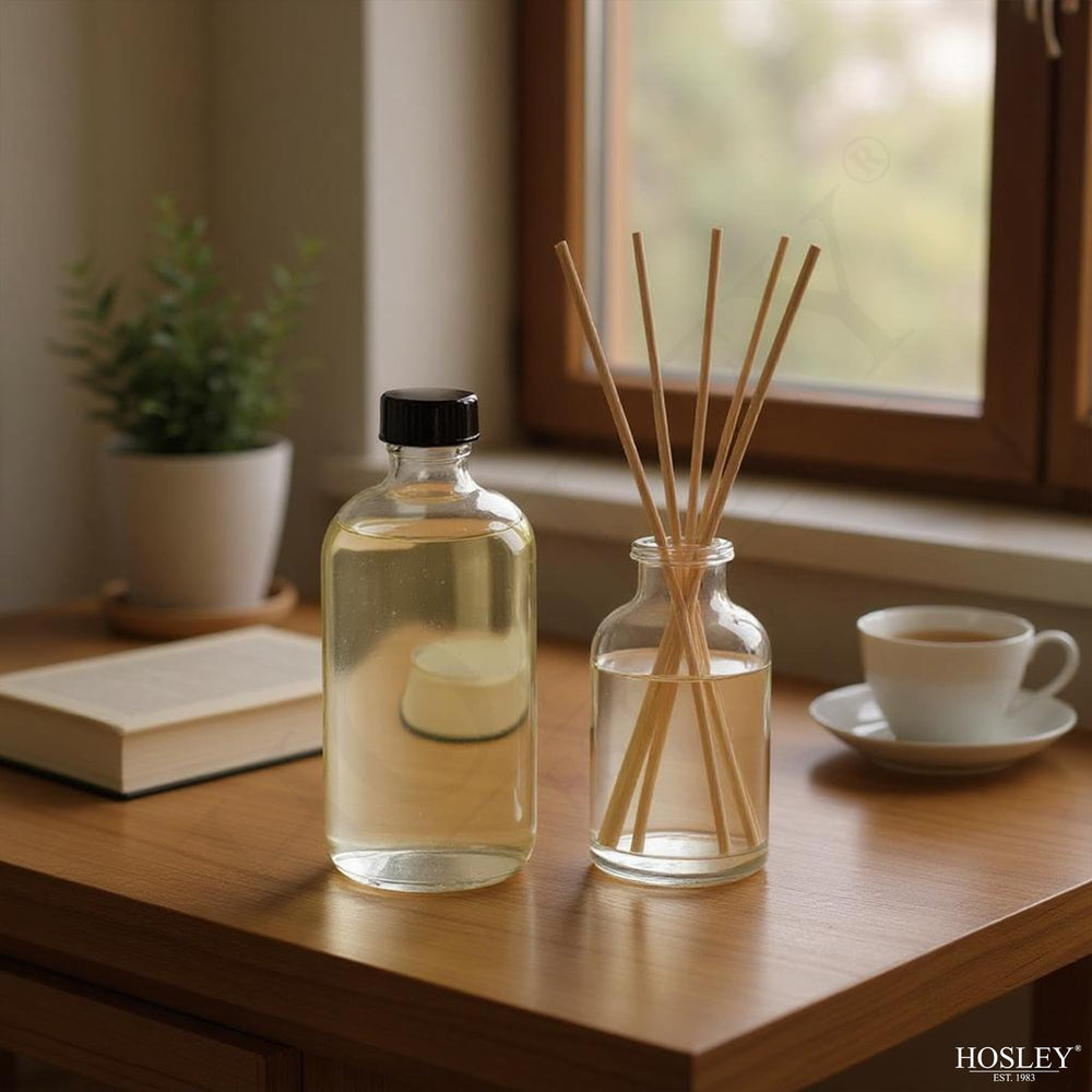 Hosley Vanilla Almond diffuser in bathroom decor adds spa-like freshness.