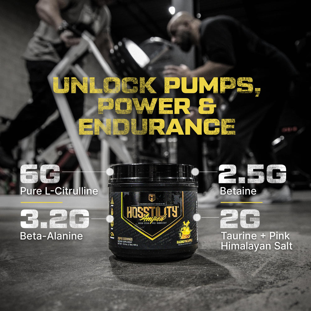 Hosstile Amped beta-alanine endurance component featured on label.