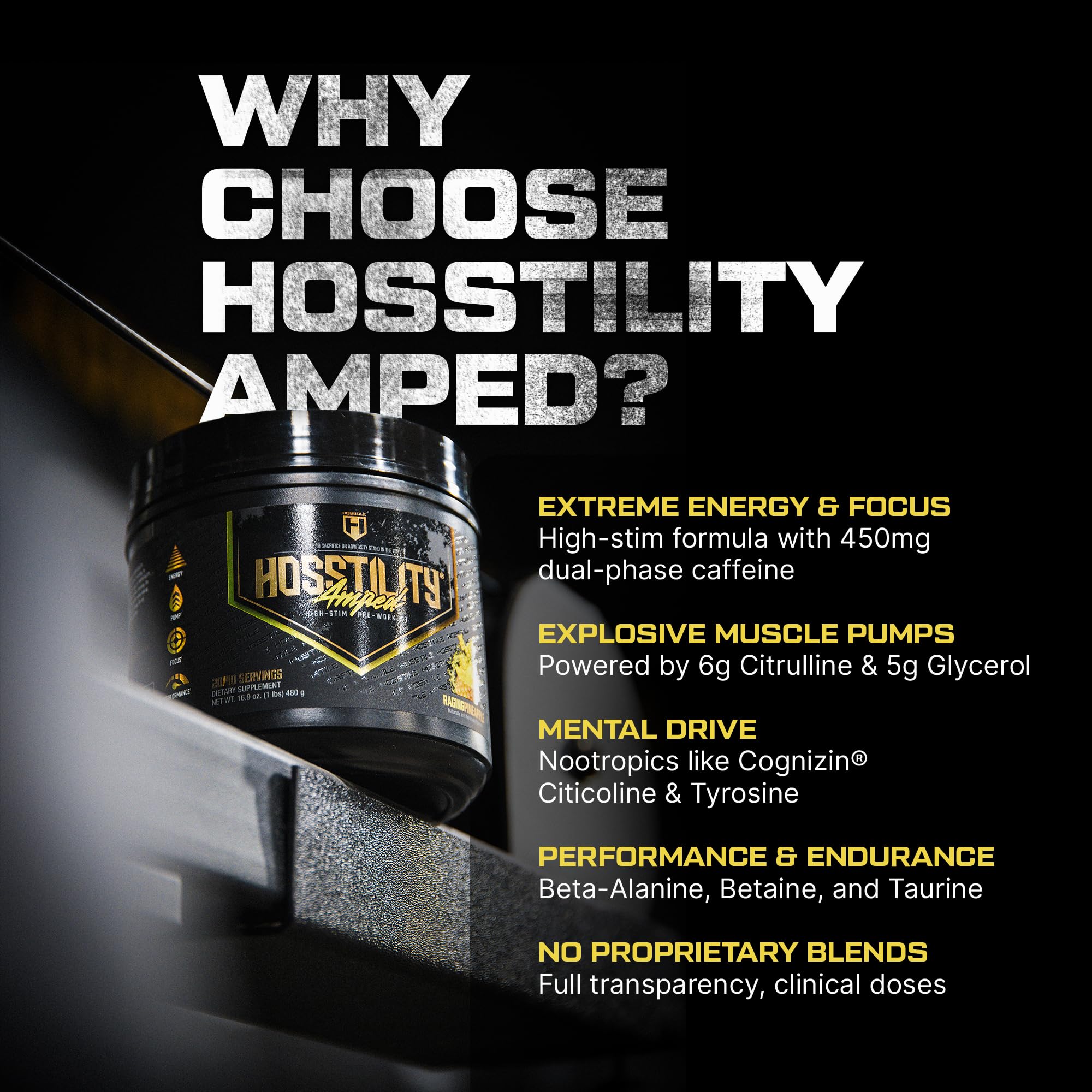 Hosstile Amped two-scoop serving shown for maximum energy and focus.
