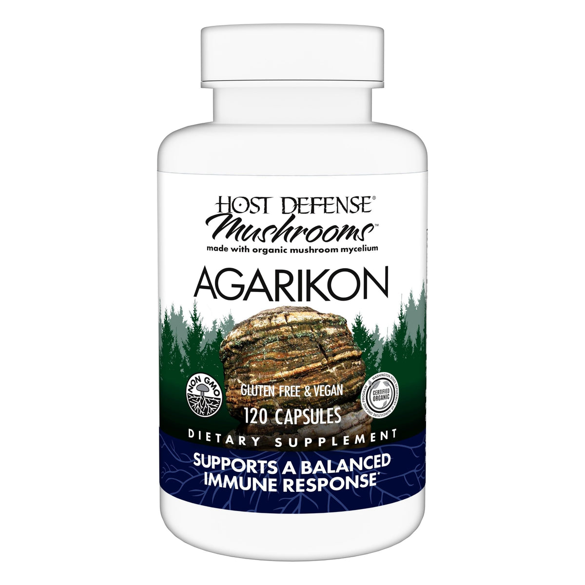 Host Defense Agarikon Capsules bottle label highlighting daily immune support