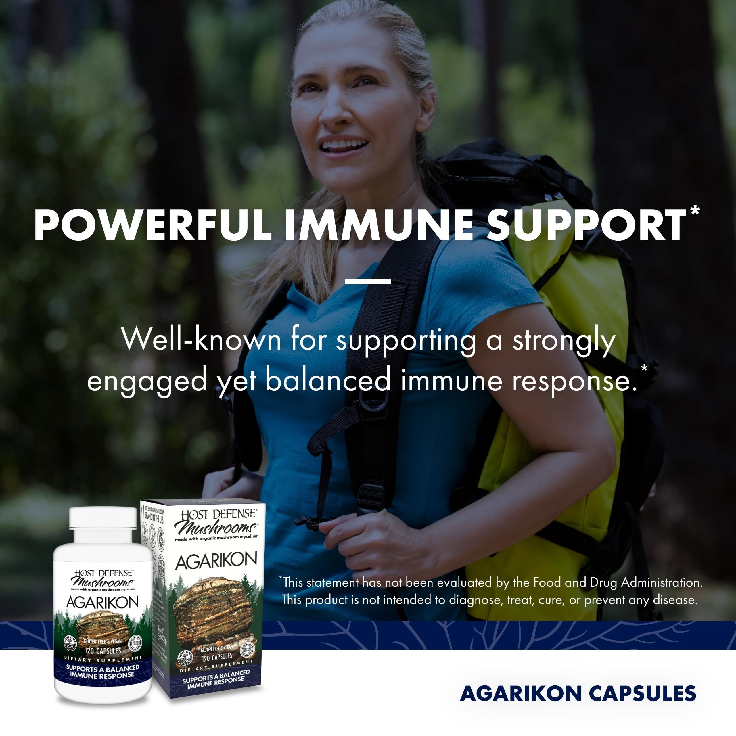 Host Defense Agarikon capsule label featuring organic mushroom mycelium on brown rice substrate