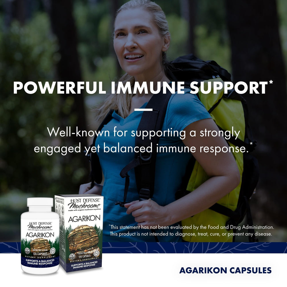 Host Defense Agarikon capsule label featuring organic mushroom mycelium on brown rice substrate