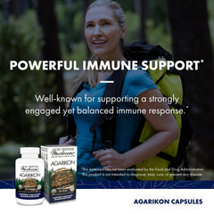 Host Defense Agarikon capsule label featuring organic mushroom mycelium on brown rice substrate