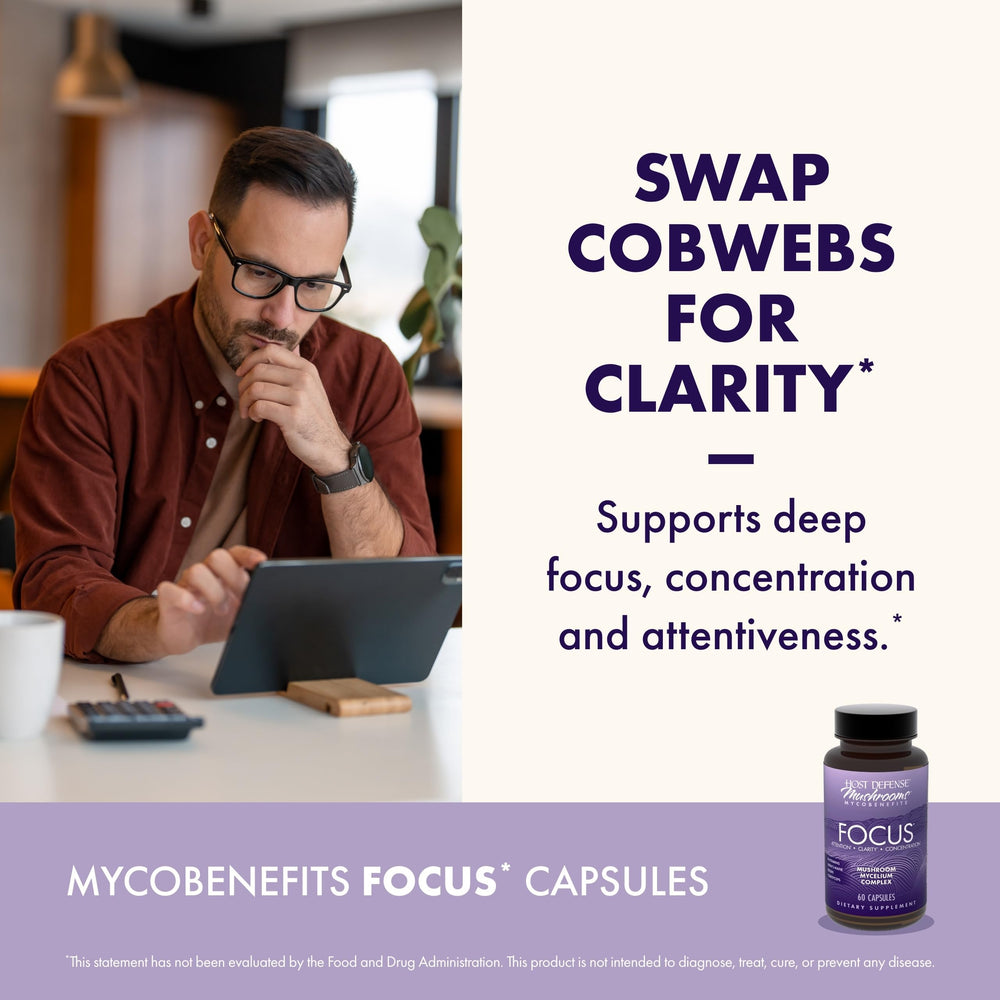 Host Defense MycoBenefits bottle close-up with ingredient label