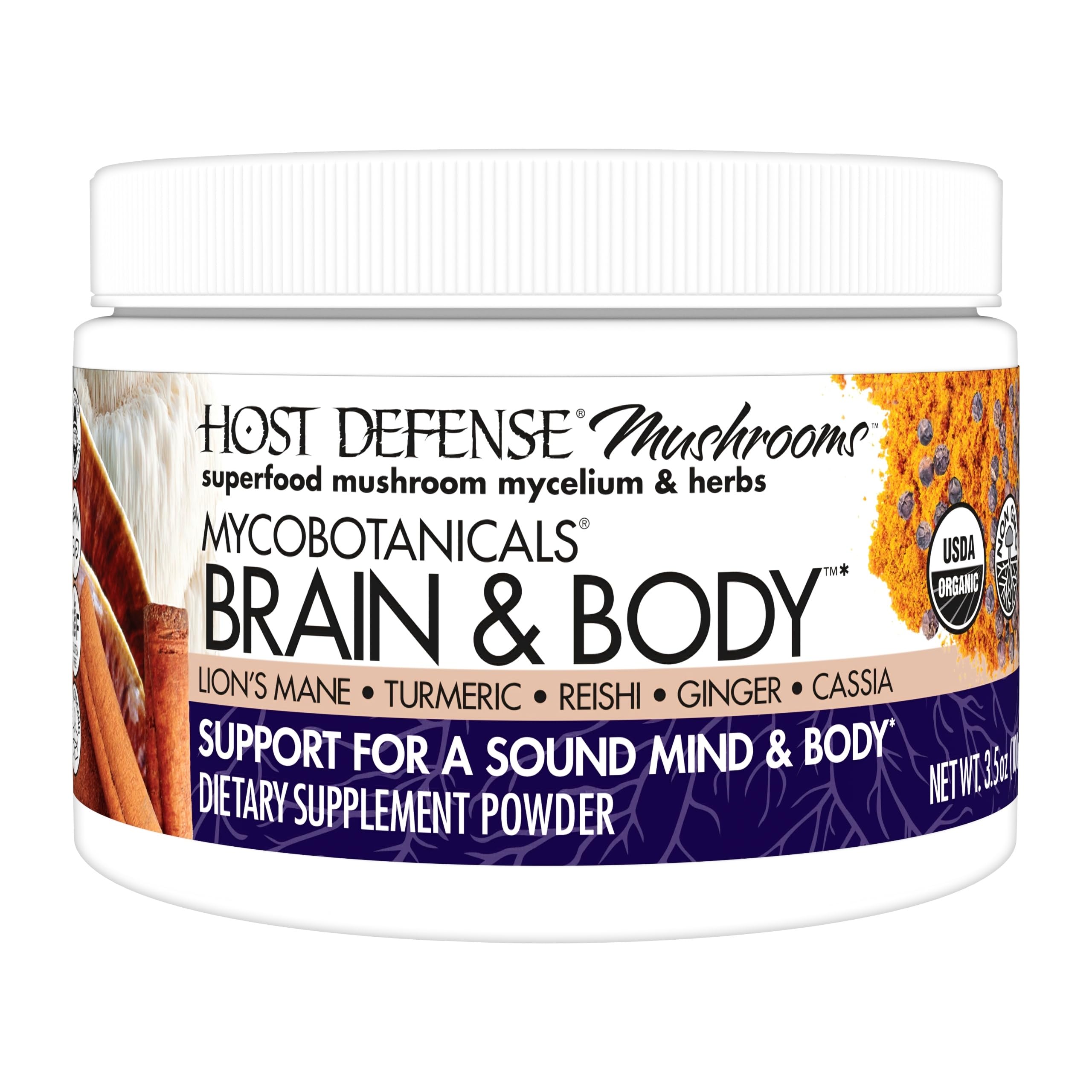 Host Defense Brain & Body powder bottle featuring Lion's Mane for daily focus support.