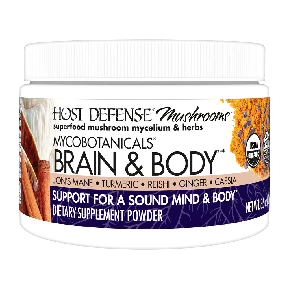 Host Defense Brain & Body powder bottle featuring Lion's Mane for daily focus support.