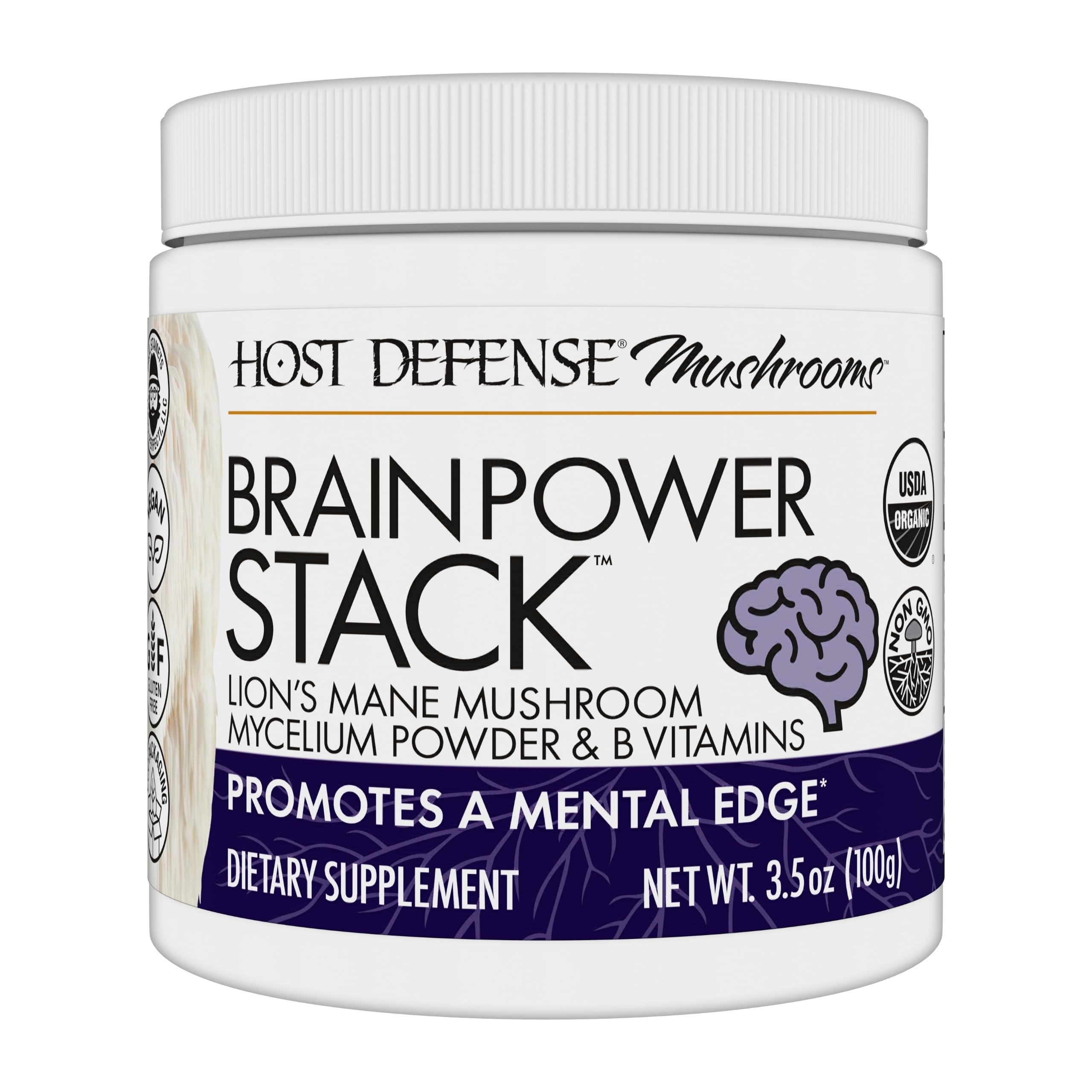 Host Defense BrainPower tub label displaying product name and branding.