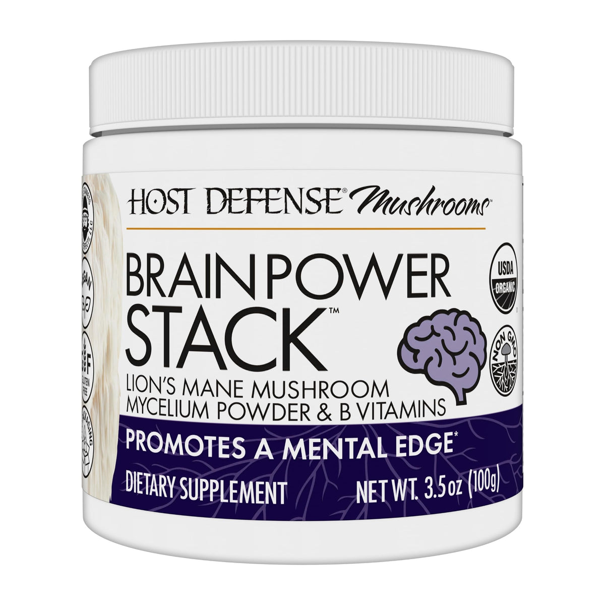 Host Defense BrainPower tub label displaying product name and branding.