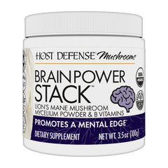 Host Defense BrainPower tub label displaying product name and branding.