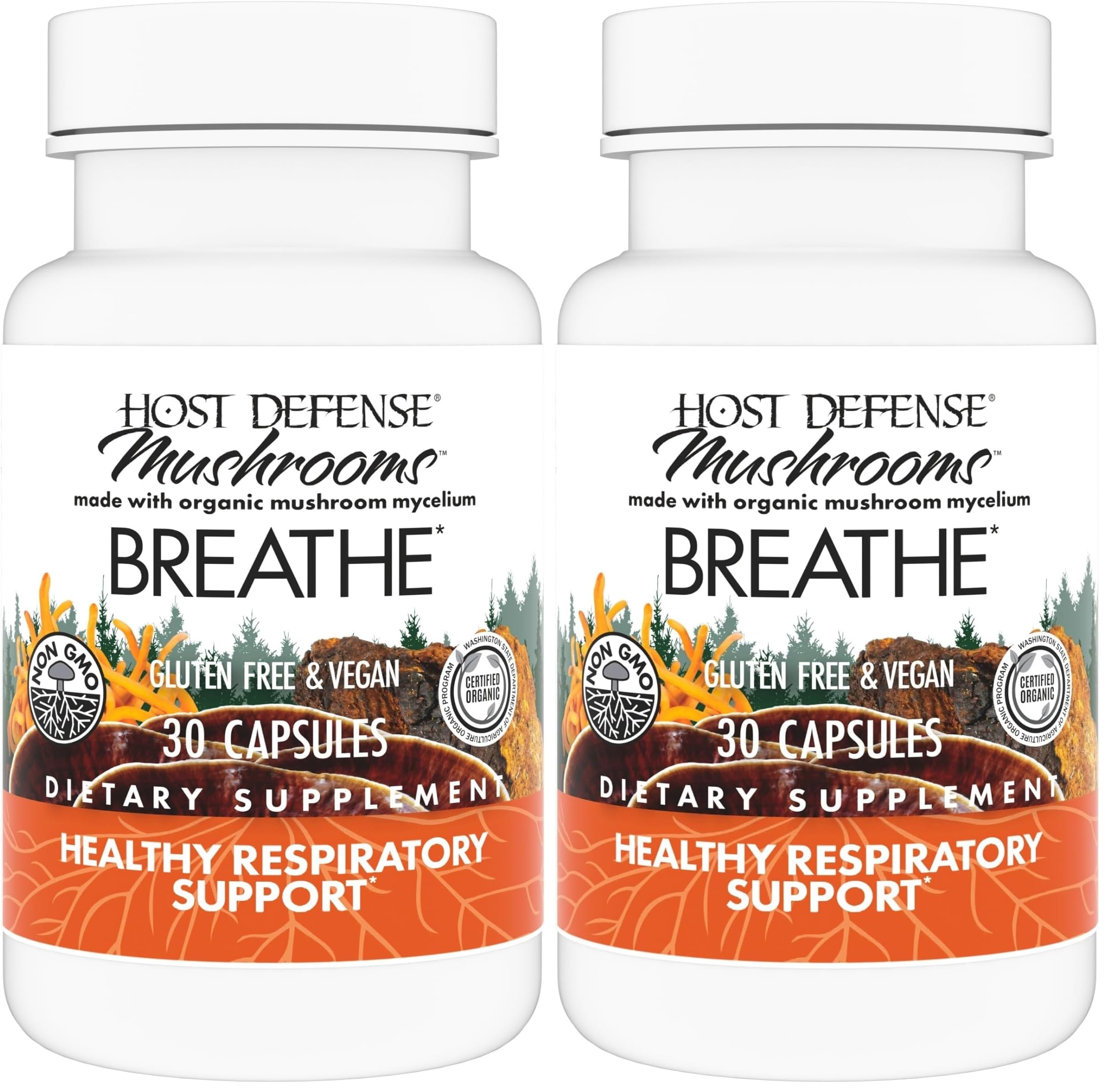 Host Defense Breathe capsules bottle, showcasing immune and respiratory support potential.