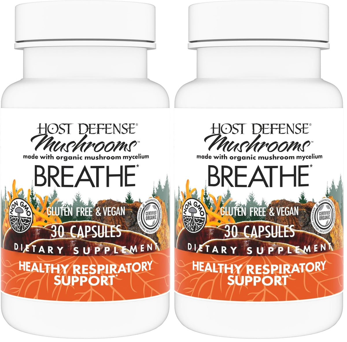 Host Defense Breathe capsules bottle, showcasing immune and respiratory support potential.