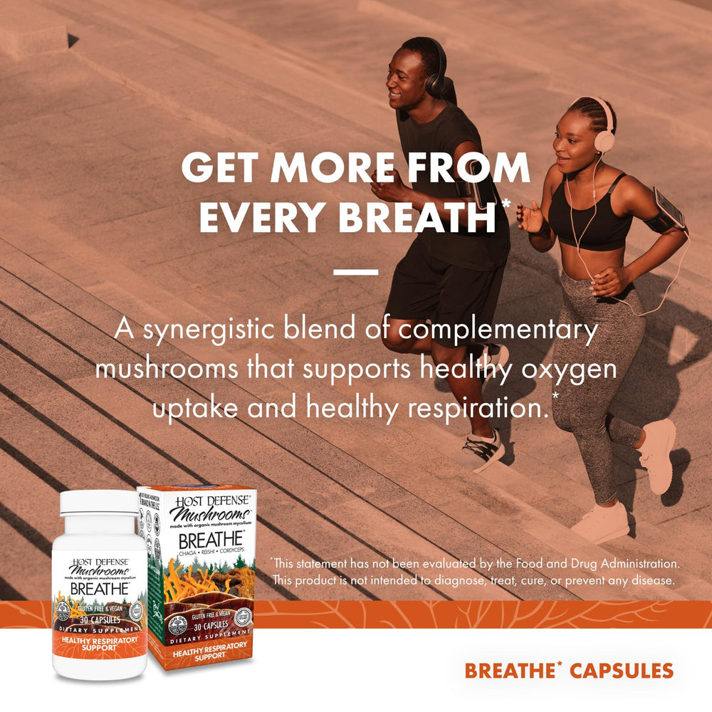 Host Defense Breathe label pack, highlighting per-pack details and organic mushroom origins.