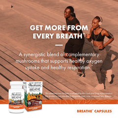 Host Defense Breathe label pack, highlighting per-pack details and organic mushroom origins.