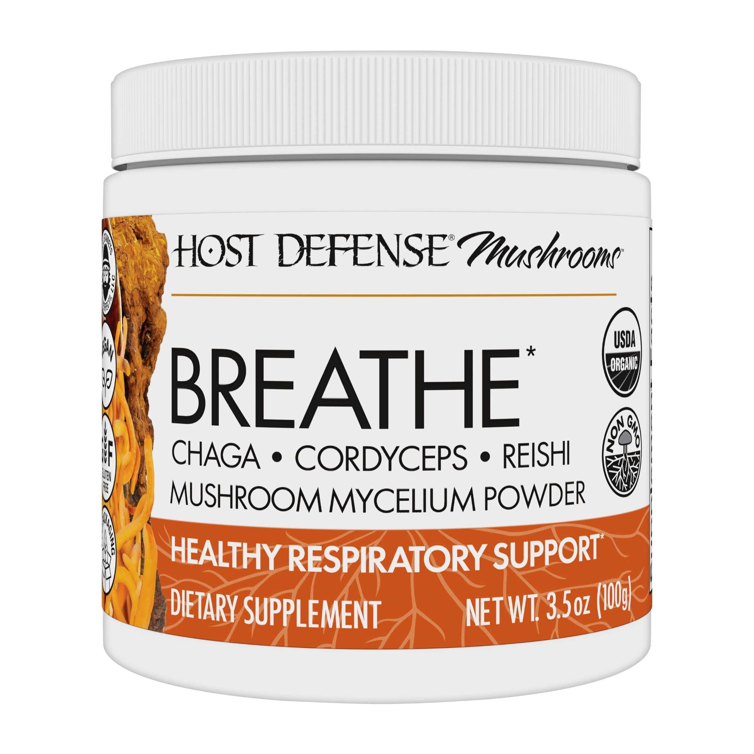 Host Defense Breathe Powder bottle showing earthy mushroom blend for daily immune support