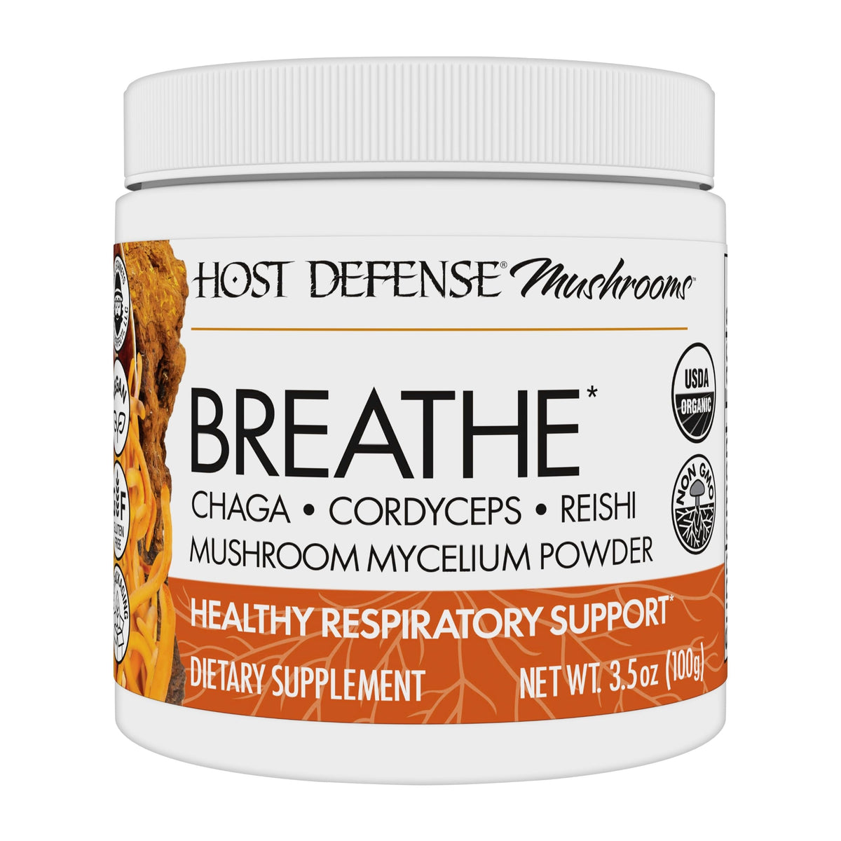 Host Defense Breathe Powder bottle showing earthy mushroom blend for daily immune support